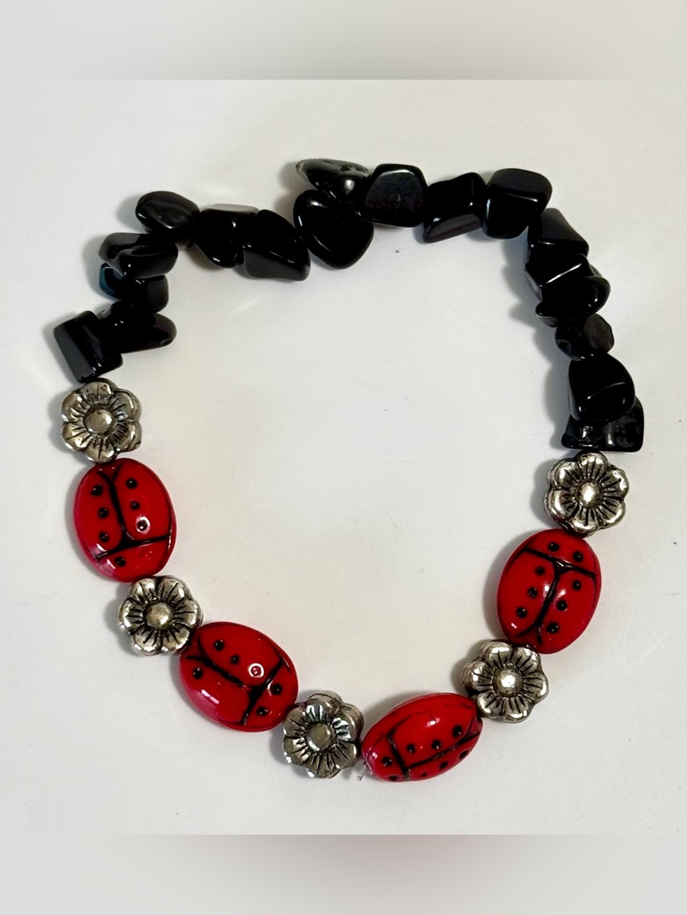 Midnight Garden Ladybug Onyx Bracelet Handmade Stretch Bracelet Size 6.5 - Picture 3 of 5